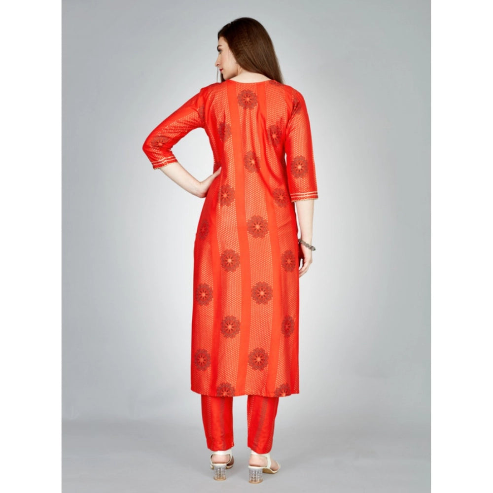 Generic Women's Casual 3-4 th Sleeve Embroidery Rayon Kurti Pant Set (Orange) - Noble Nook