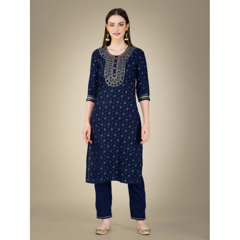 Generic Women's Casual 3-4 th Sleeve Embroidery Cotton Kurti Pant Dupatta Set (Dark Blue) - Noble Nook