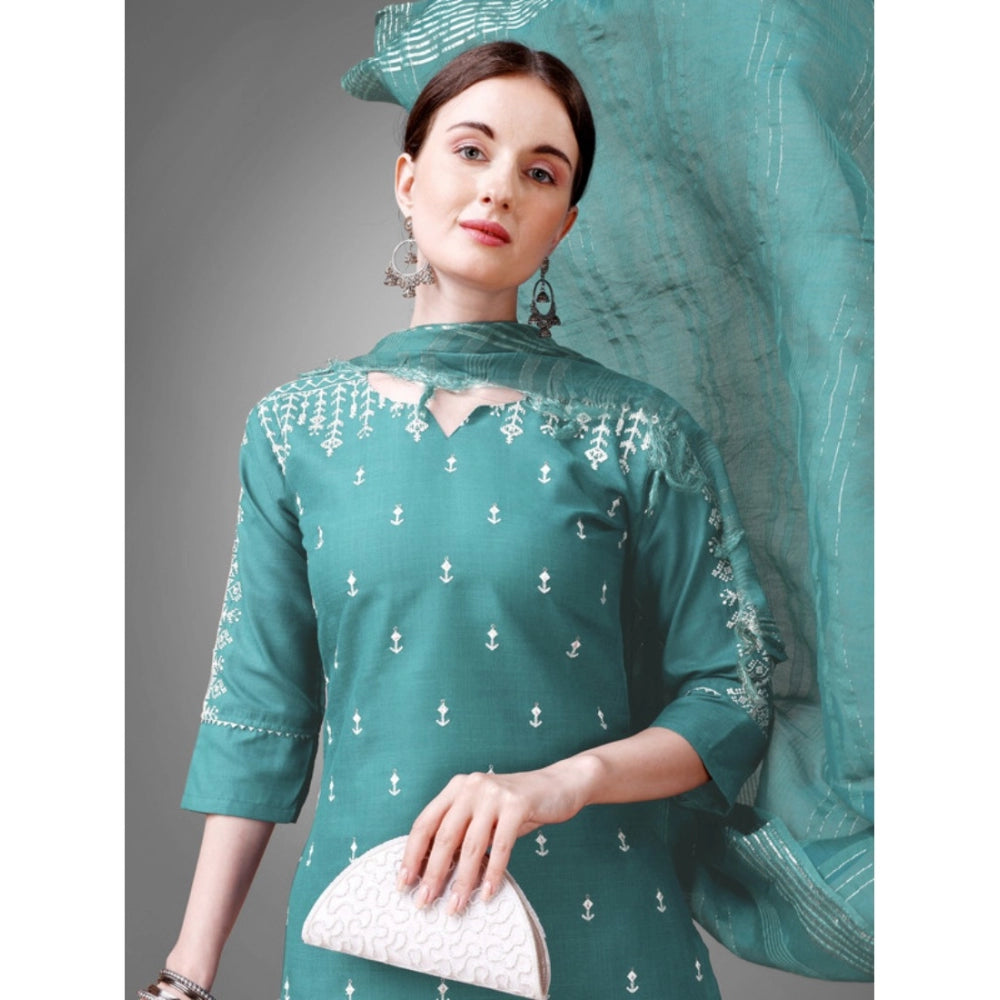 Generic Women's Casual 3-4 th Sleeve Embroidery Cotton Kurti Pant Dupatta Set (Teal) - Noble Nook