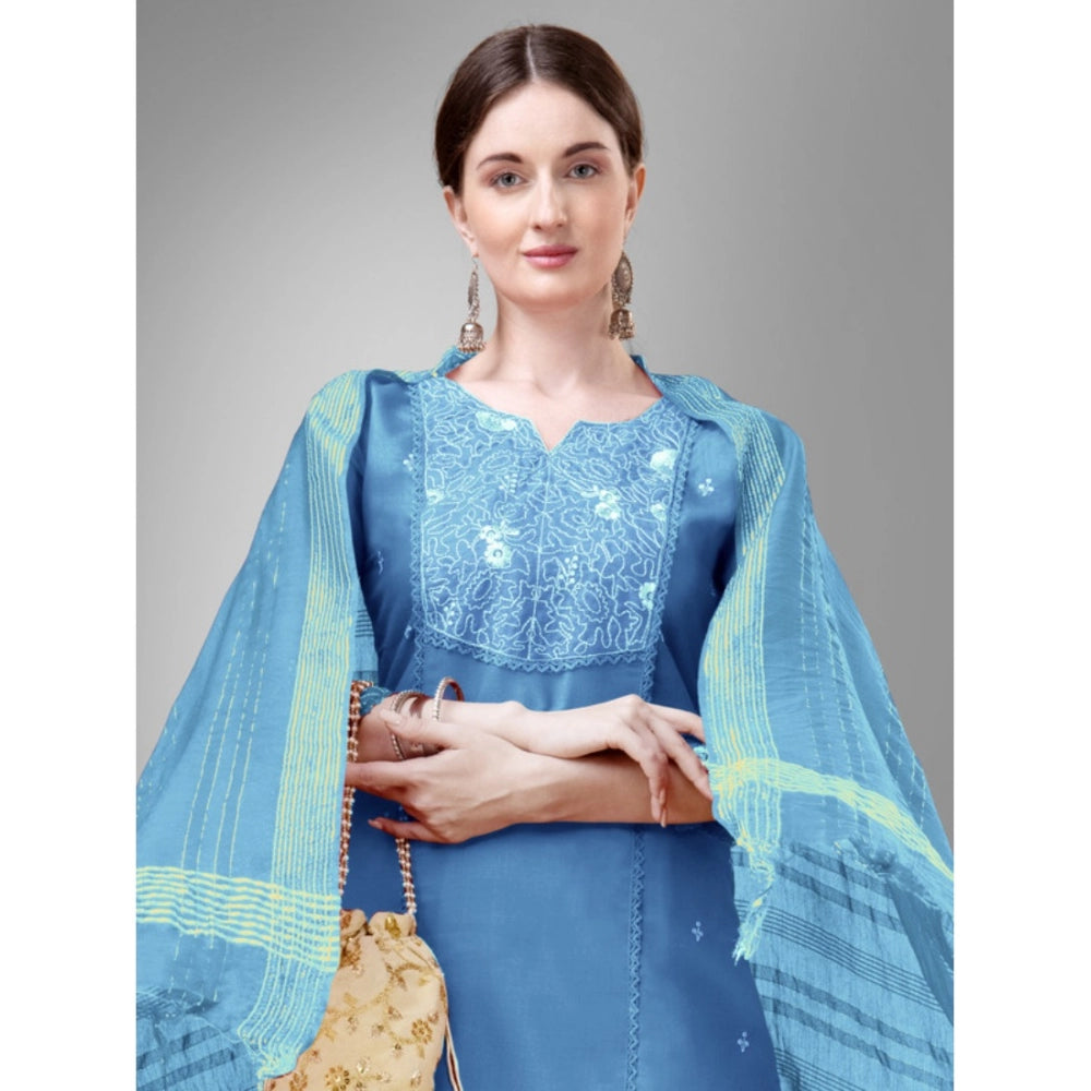 Generic Women's Casual 3-4 th Sleeve Embroidery Cotton Kurti Pant Dupatta Set (Sky Blue) - Noble Nook