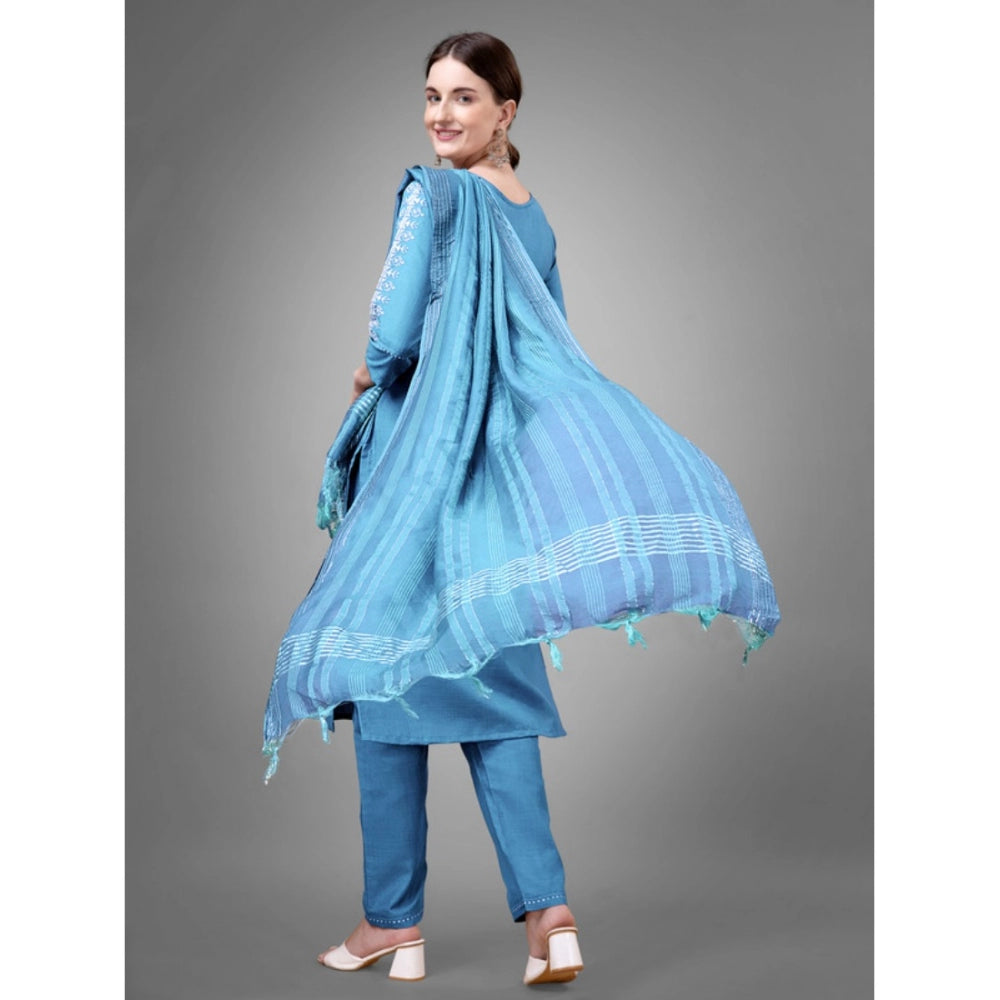 Generic Women's Casual 3-4 th Sleeve Embroidery Cotton Kurti Pant Dupatta Set (Sky Blue) - Noble Nook