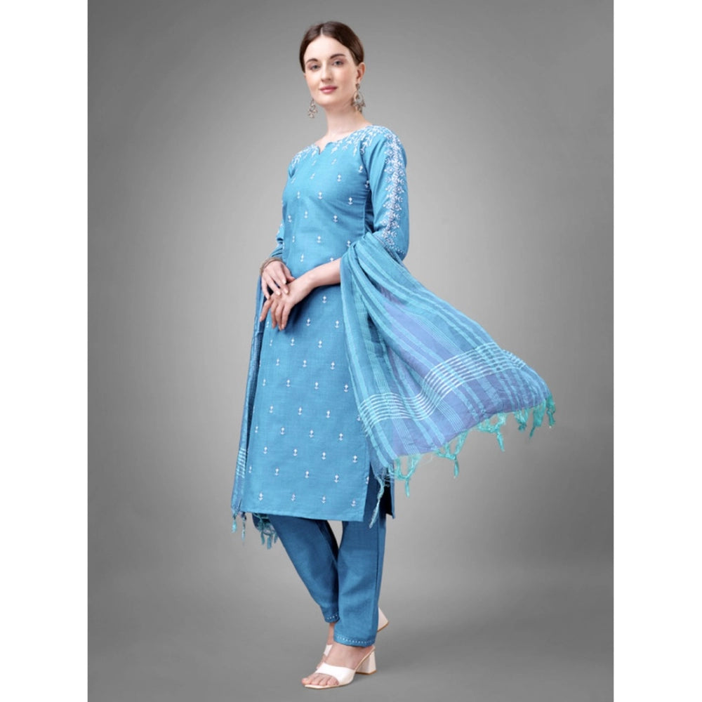 Generic Women's Casual 3-4 th Sleeve Embroidery Cotton Kurti Pant Dupatta Set (Sky Blue) - Noble Nook