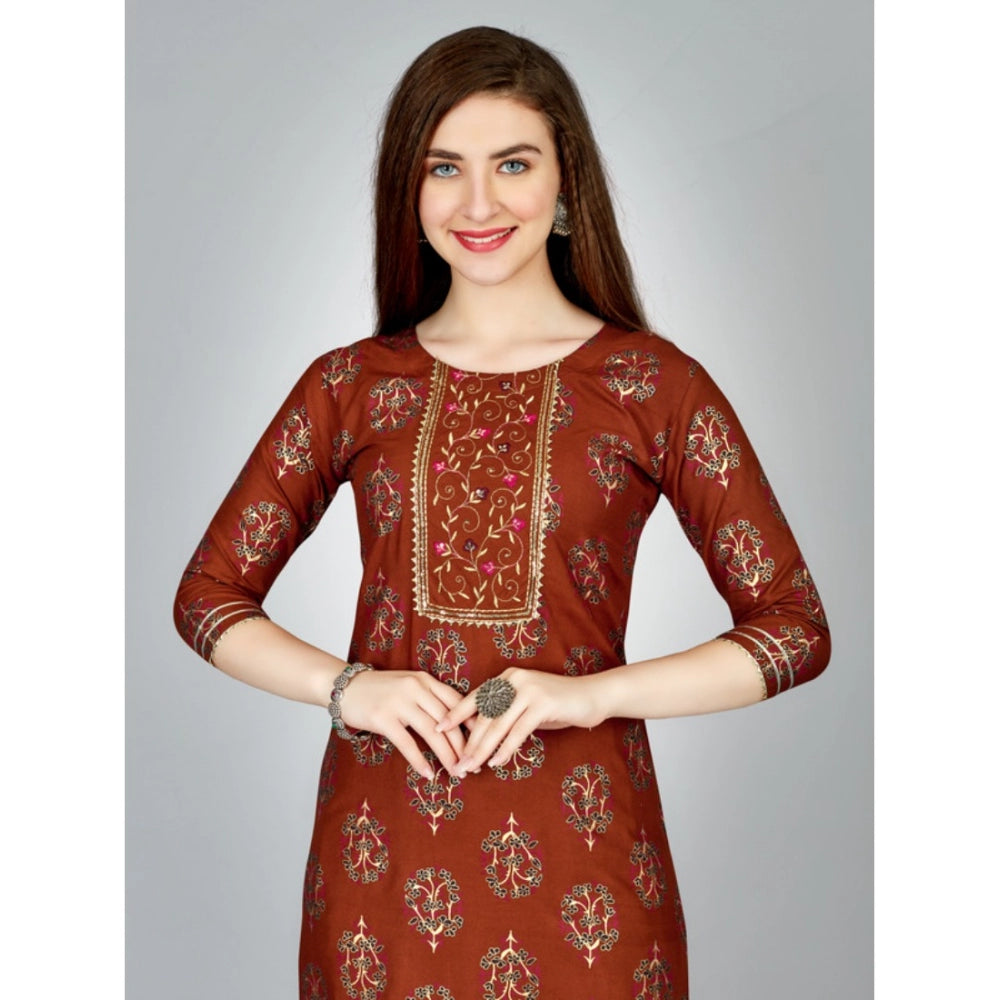 Generic Women's Casual 3-4 th Sleeve Embroidery Rayon Kurti Pant Set (Brown) - Noble Nook