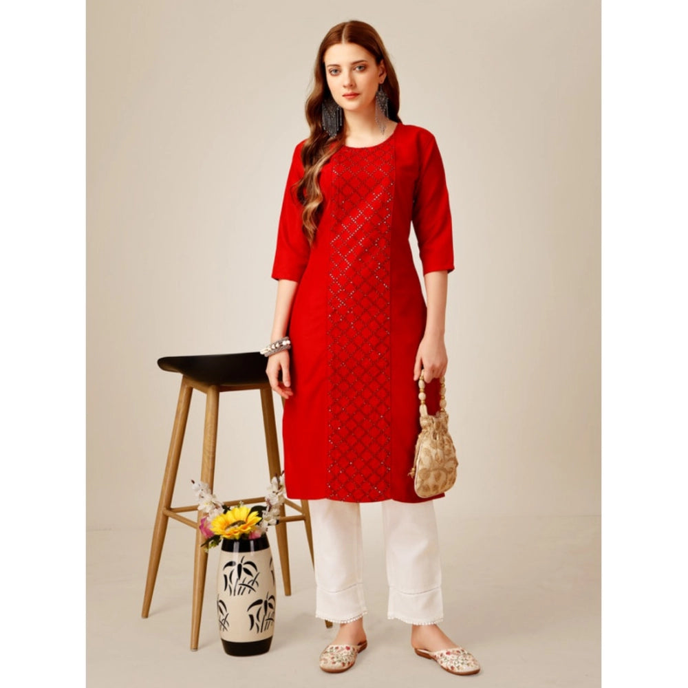 Generic Women's Casual 3-4 th Sleeve Embroidery Cotton Kurti Pant Set (Red) - Noble Nook