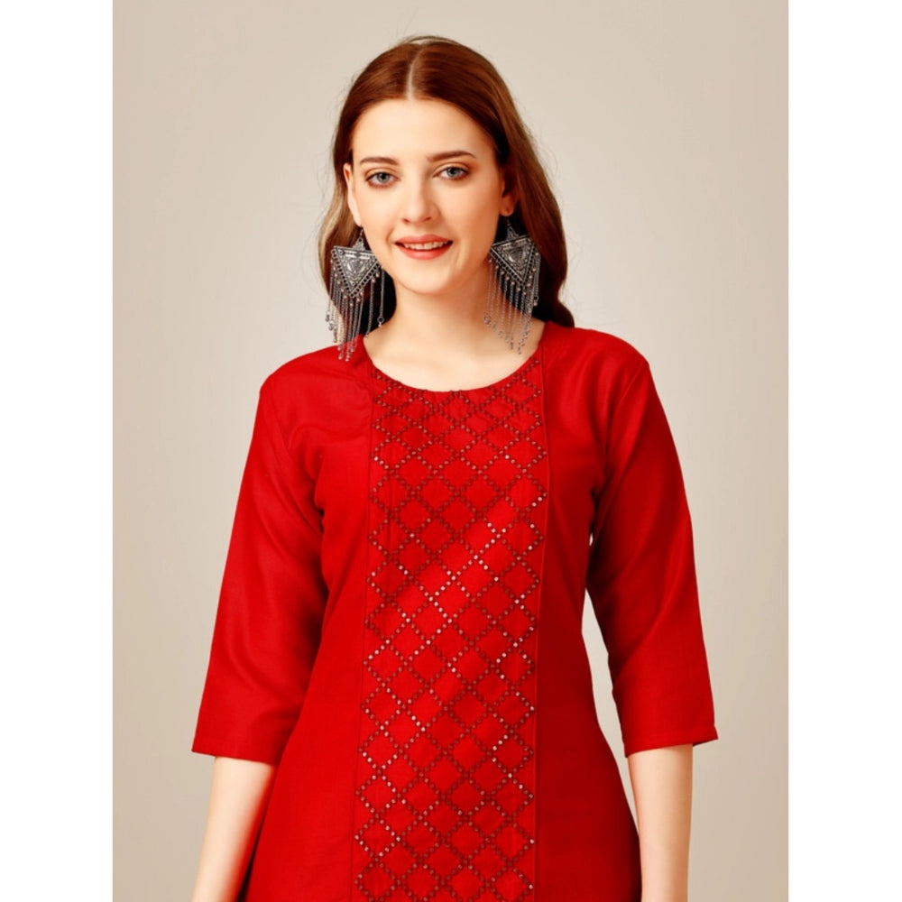 Generic Women's Casual 3-4 th Sleeve Embroidery Cotton Kurti Pant Set (Red) - Noble Nook