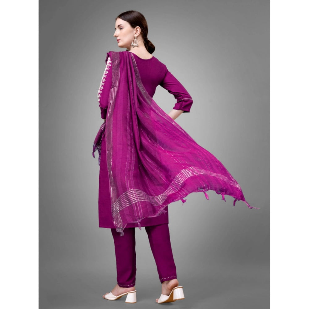 Generic Women's Casual 3-4 th Sleeve Embroidery Cotton Kurti Pant Dupatta Set (Purple) - Noble Nook