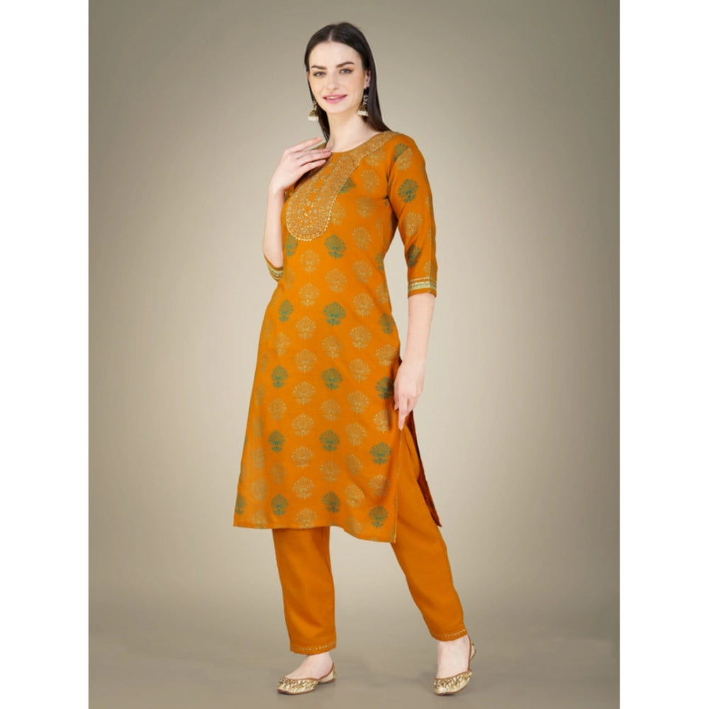 Generic Women's Casual 3-4 th Sleeve Embroidery Cotton Kurti Pant Dupatta Set (Yellow) - Noble Nook