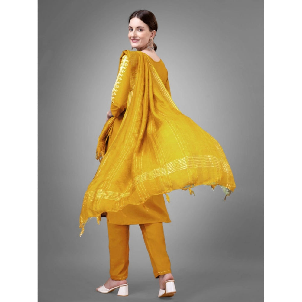 Generic Women's Casual 3-4 th Sleeve Embroidery Cotton Kurti Pant Dupatta Set (Yellow) - Noble Nook