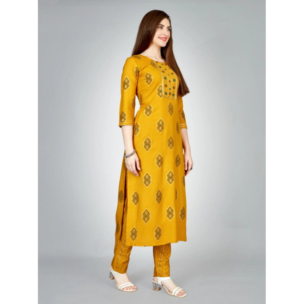 Generic Women's Casual 3-4 th Sleeve Embroidery Rayon Kurti Pant Set (Yellow) - Noble Nook