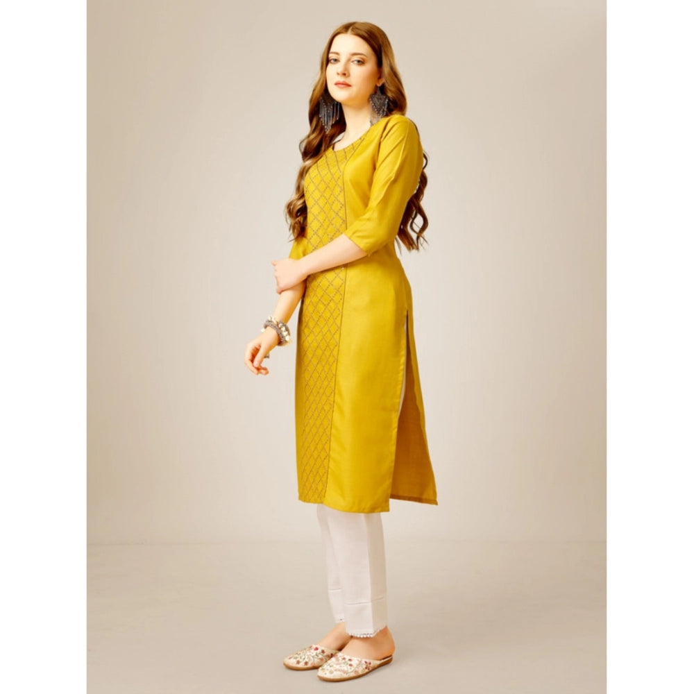 Generic Women's Casual 3-4 th Sleeve Embroidery Cotton Kurti Pant Set (Yellow) - Noble Nook