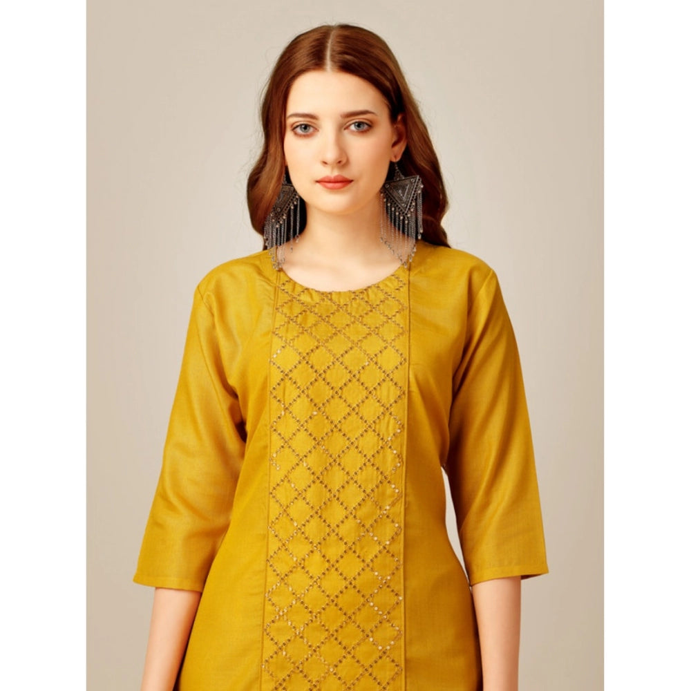 Generic Women's Casual 3-4 th Sleeve Embroidery Cotton Kurti Pant Set (Yellow) - Noble Nook