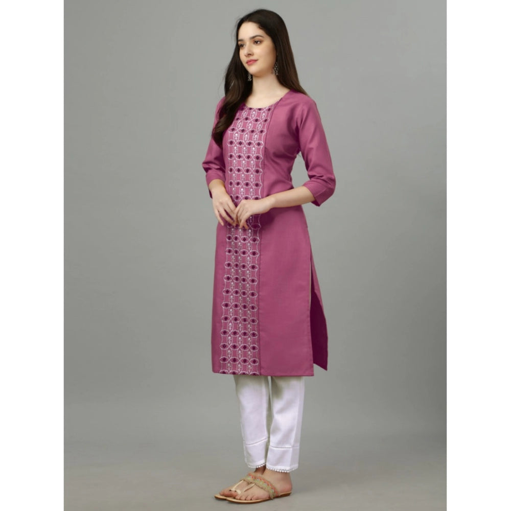 Generic Women's Casual 3-4 th Sleeve Embroidery Cotton Kurti (Purple) - Noble Nook