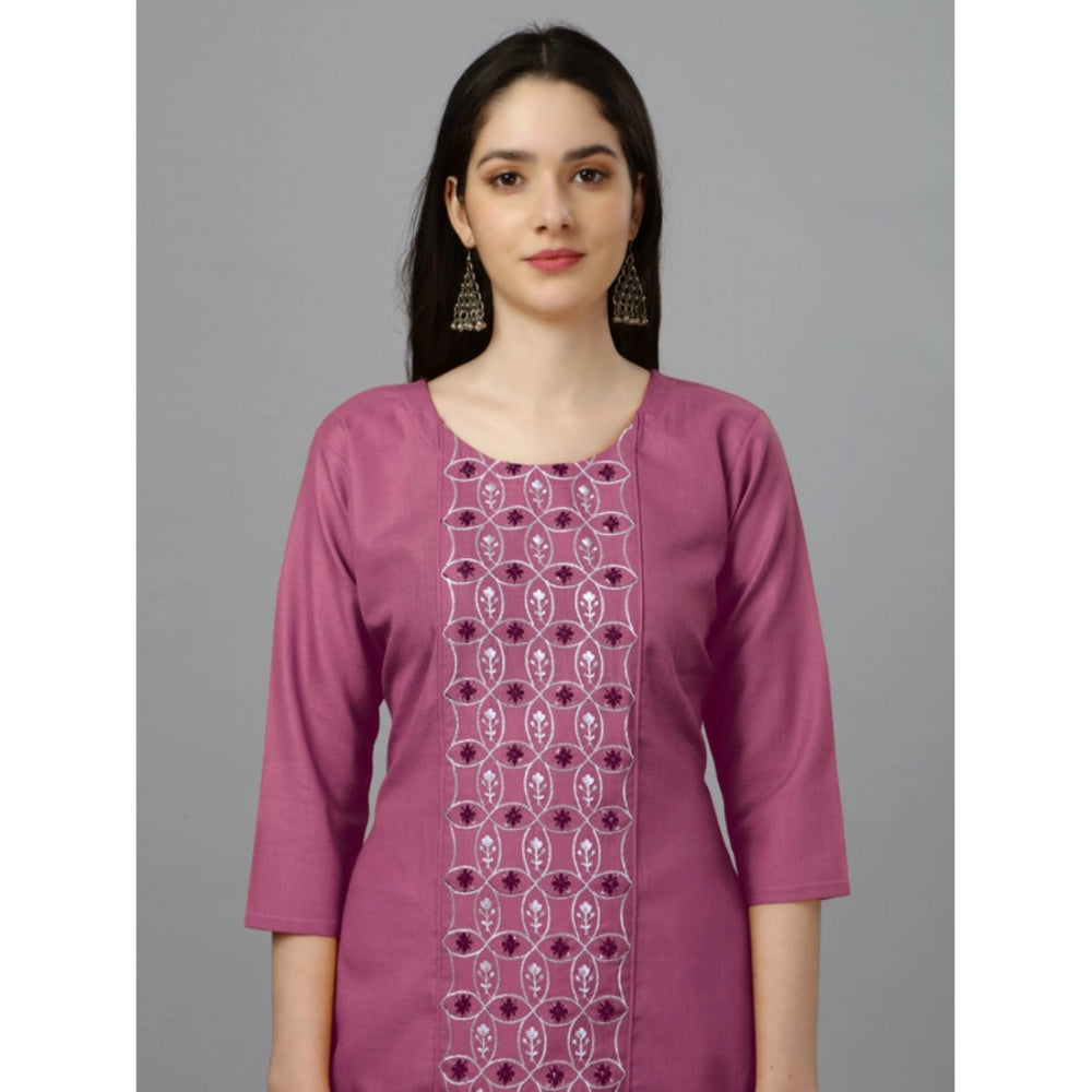 Generic Women's Casual 3-4 th Sleeve Embroidery Cotton Kurti (Purple) - Noble Nook