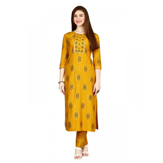 Generic Women's Casual 3-4 th Sleeve Embroidery Rayon Kurti Pant Set (Yellow) - Noble Nook