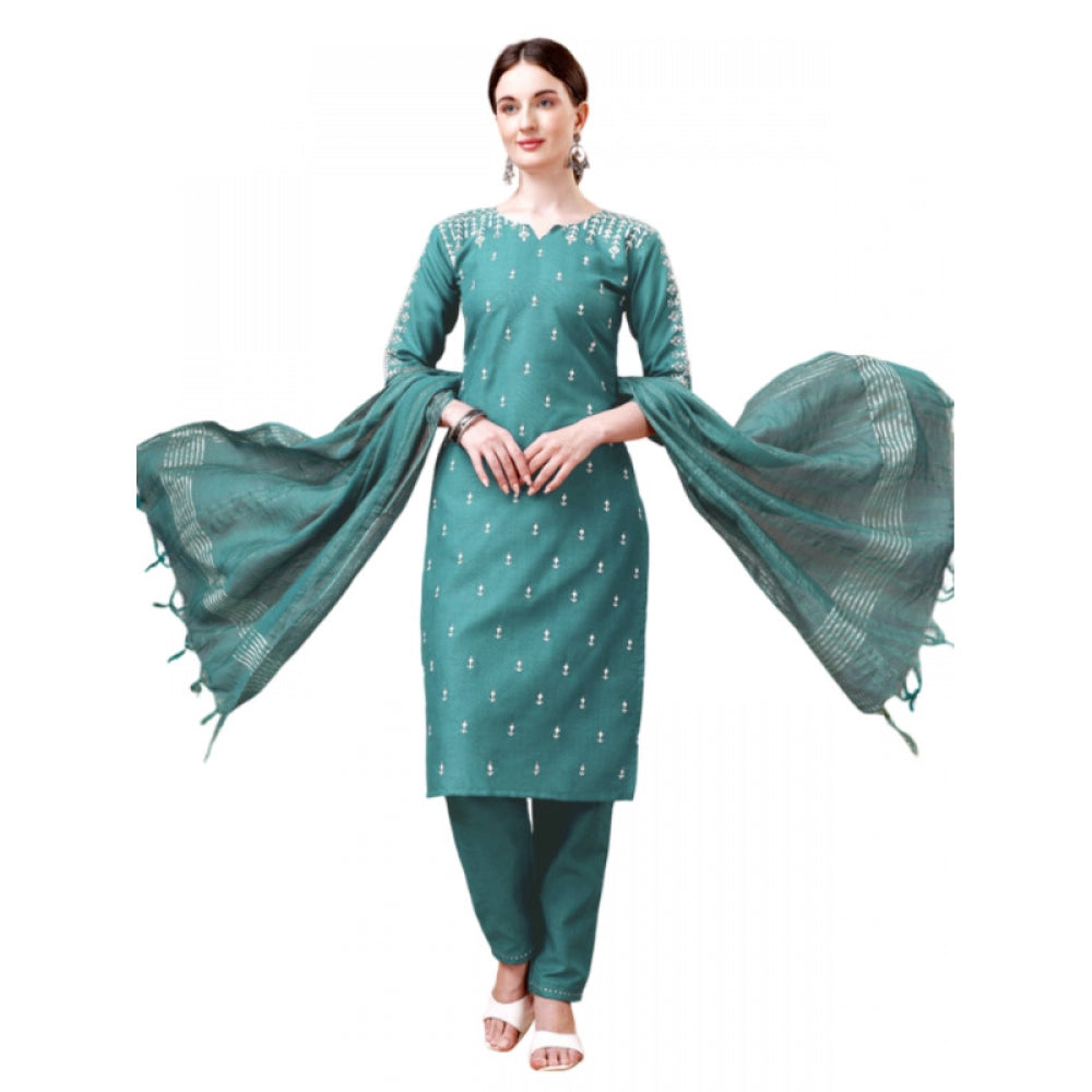 Generic Women's Casual 3-4 th Sleeve Embroidery Cotton Kurti Pant Dupatta Set (Teal) - Noble Nook