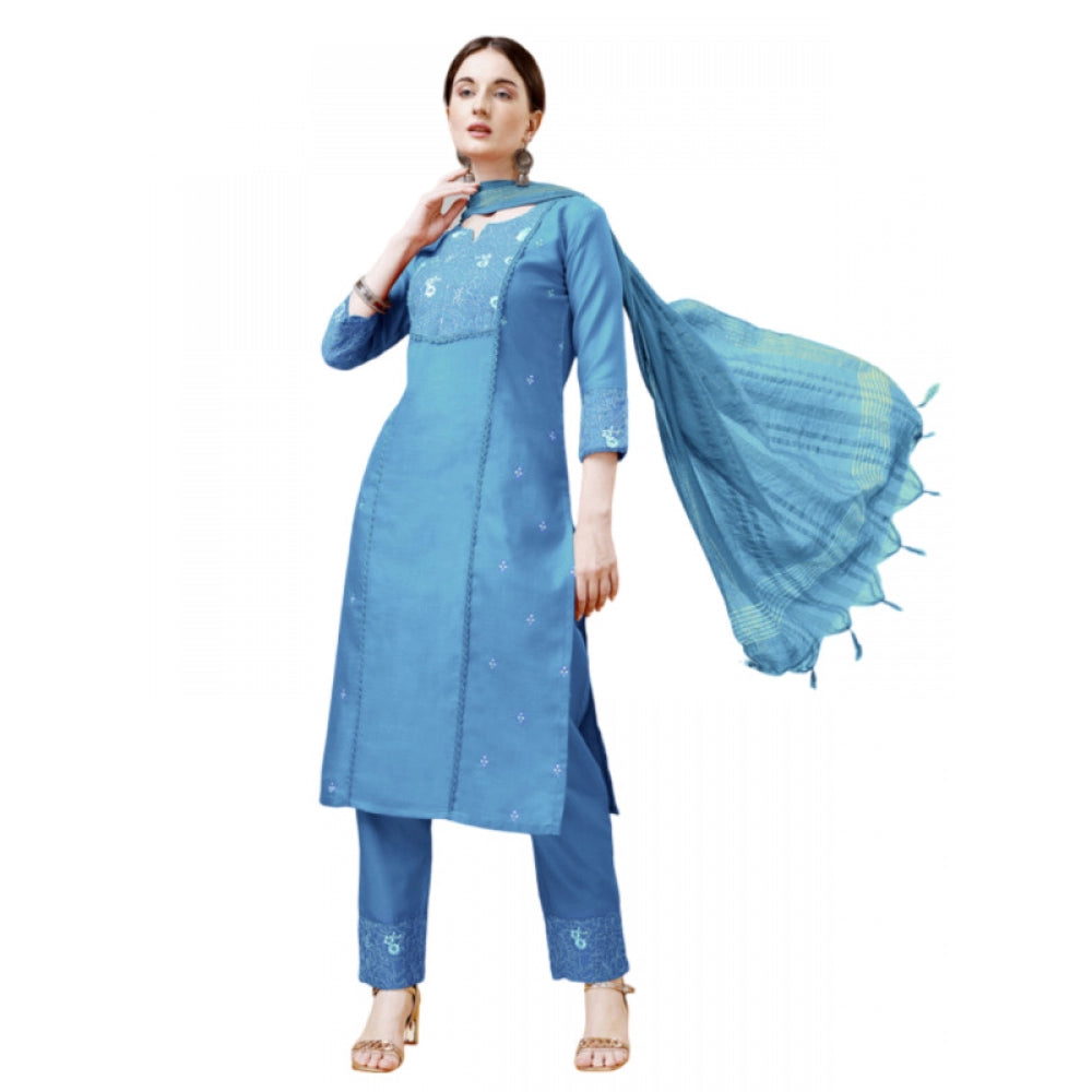 Generic Women's Casual 3-4 th Sleeve Embroidery Cotton Kurti Pant Dupatta Set (Sky Blue) - Noble Nook