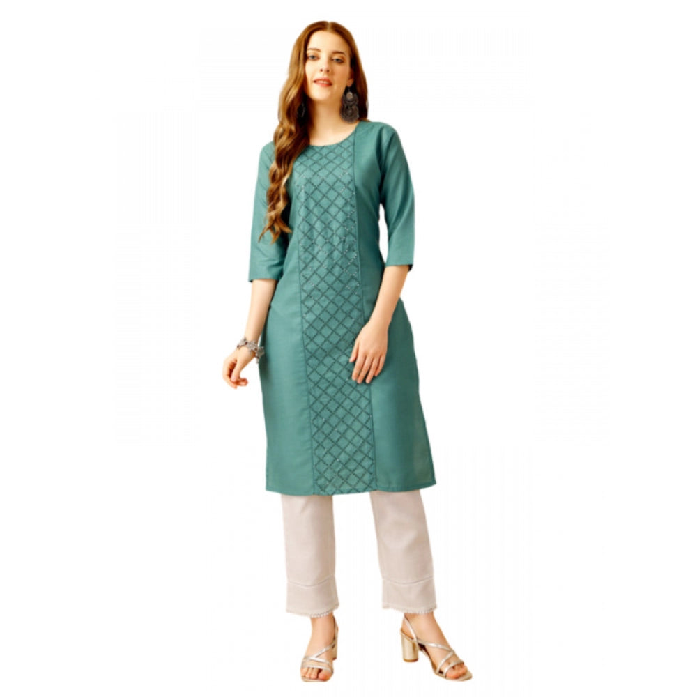 Generic Women's Casual 3-4 th Sleeve Embroidery Cotton Kurti Pant Set (Green) - Noble Nook