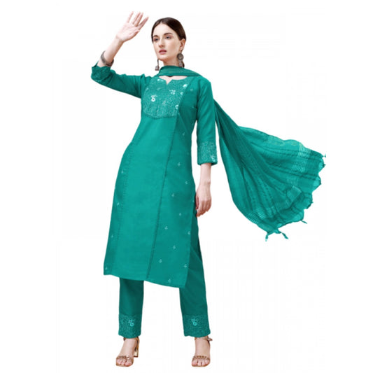 Generic Women's Casual 3-4 th Sleeve Embroidery Cotton Kurti Pant Dupatta Set (Rama) - Noble Nook