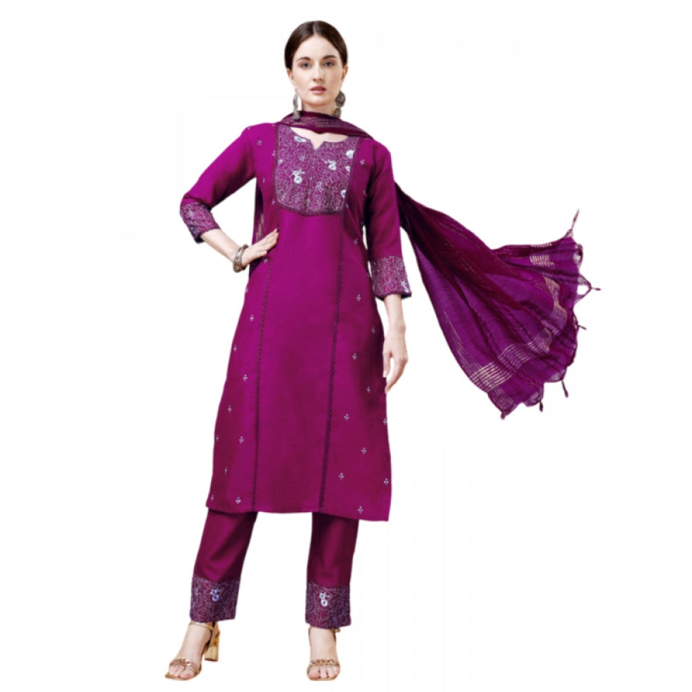 Generic Women's Casual 3-4 th Sleeve Embroidery Cotton Kurti Pant Dupatta Set (Purple) - Noble Nook