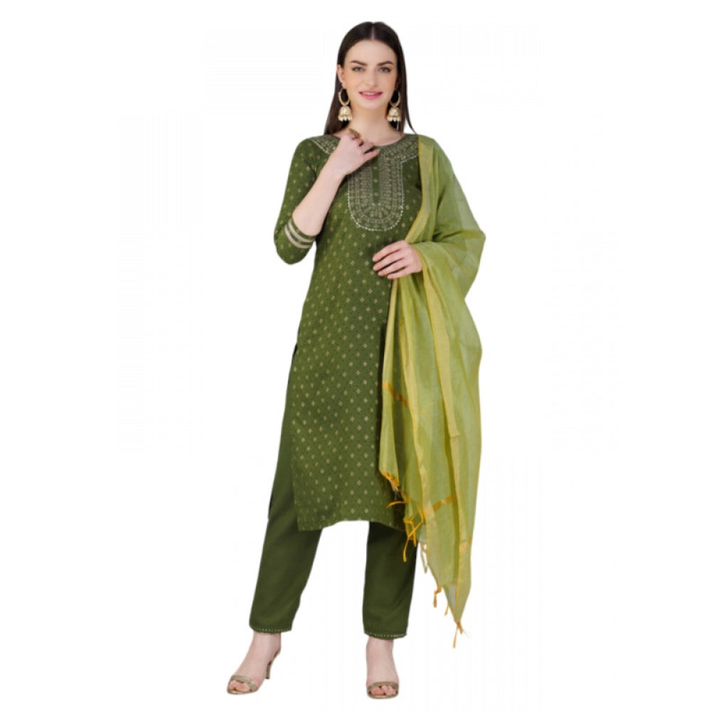 Generic Women's Casual 3-4 th Sleeve Embroidery Cotton Kurti Pant Dupatta Set (Green) - Noble Nook