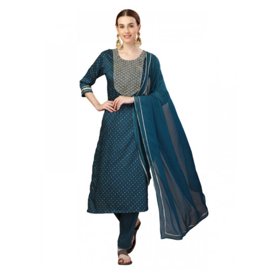 Generic Women's Casual 3-4 th Sleeve Embroidery Silk Blend Kurti Pant Dupatta Set (Blue) - Noble Nook