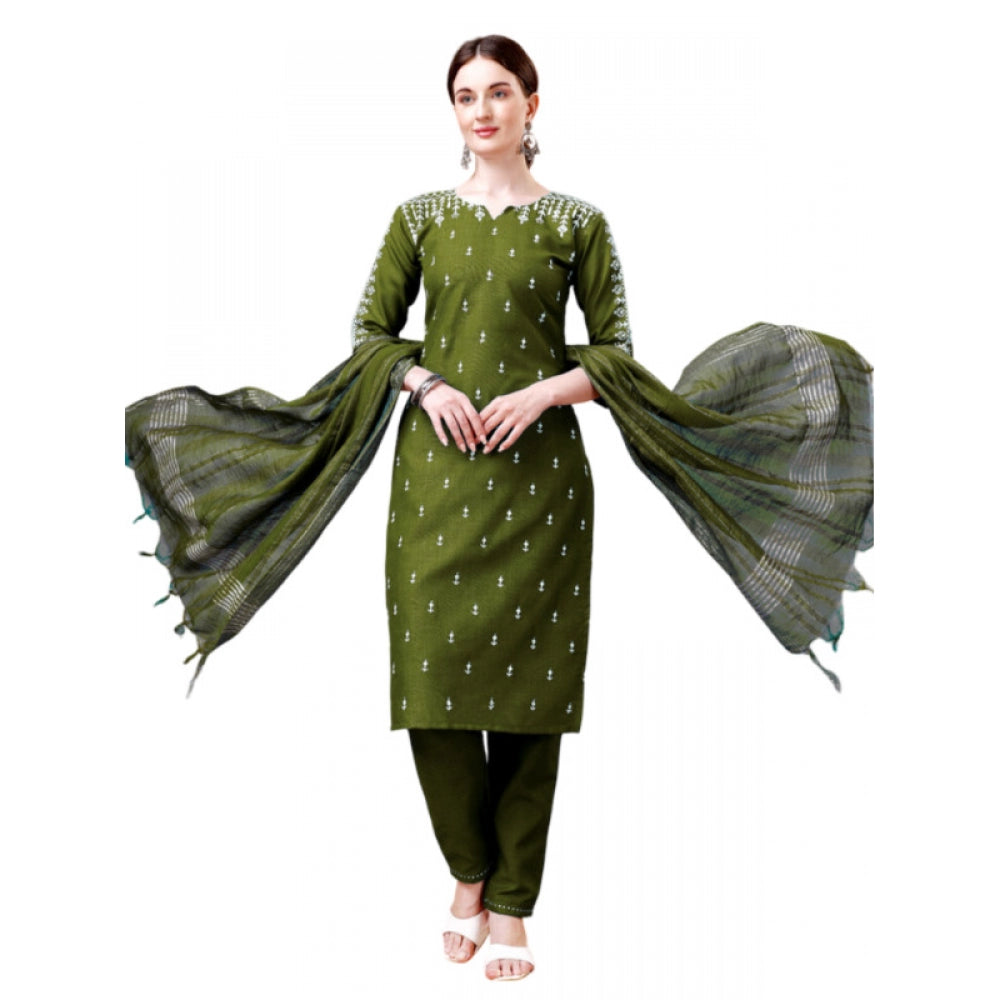 Generic Women's Casual 3-4 th Sleeve Embroidery Cotton Kurti Pant Dupatta Set (Green) - Noble Nook