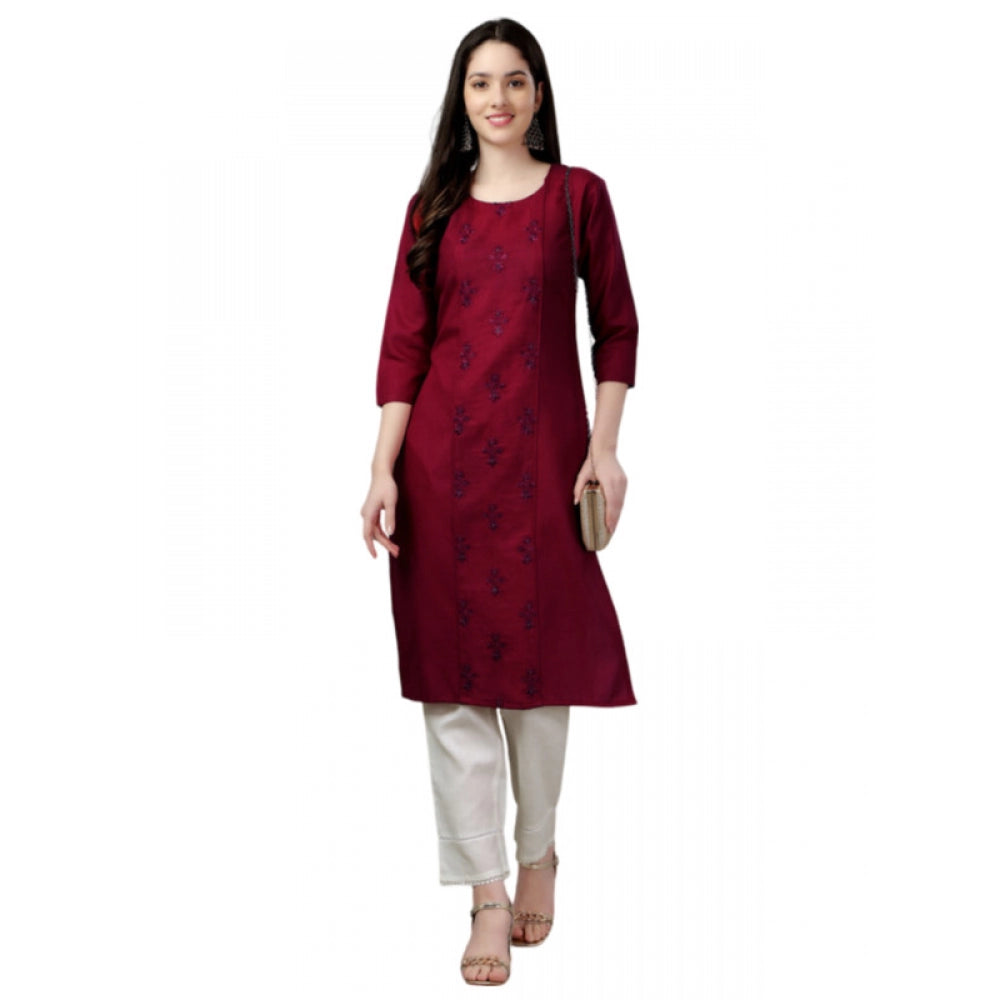 Generic Women's Casual 3-4 th Sleeve Embroidery Cotton Kurti (Maroon) - Noble Nook