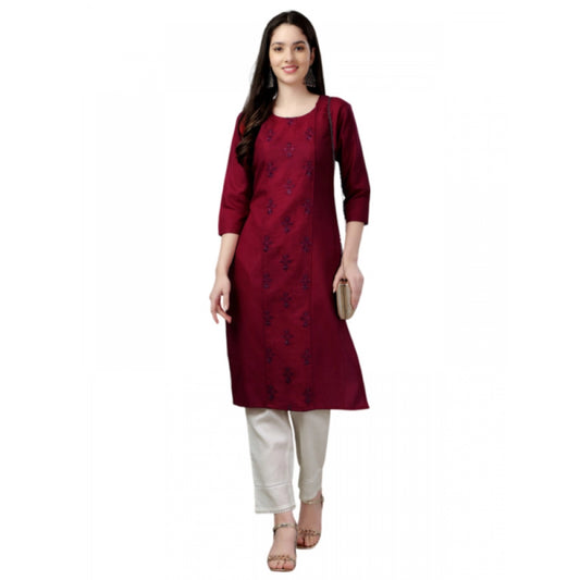 Generic Women's Casual 3-4 th Sleeve Embroidery Cotton Kurti (Maroon) - Noble Nook