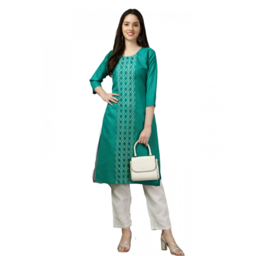 Generic Women's Casual 3-4 th Sleeve Embroidery Cotton Kurti (Light Green) - Noble Nook