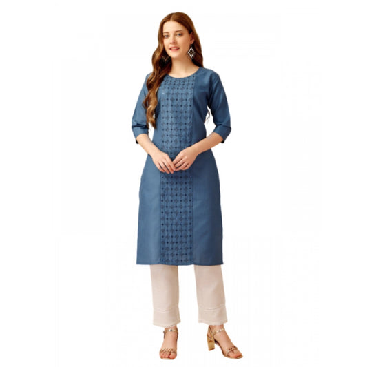 Generic Women's Casual 3-4 th Sleeve Embroidery Cotton Kurti Pant Set (Light Blue) - Noble Nook