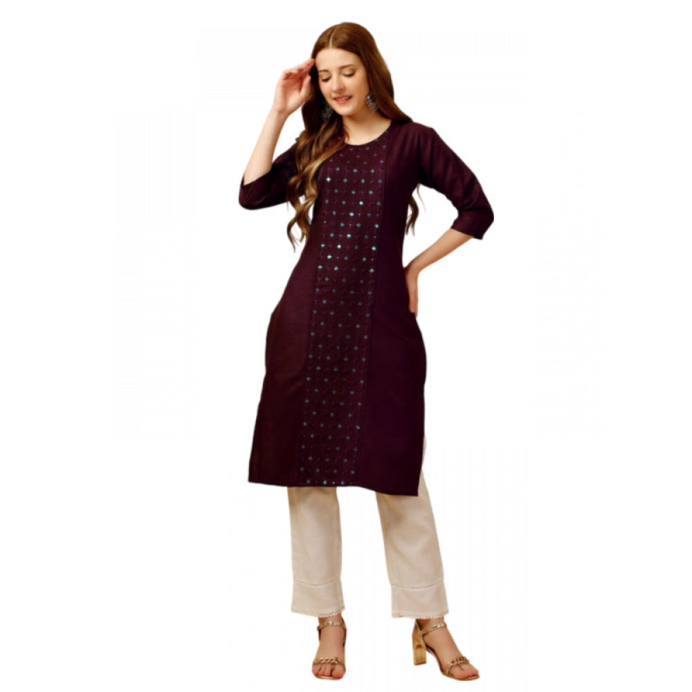 Generic Women's Casual 3-4 th Sleeve Embroidery Cotton Kurti Pant Set (Purple) - Noble Nook