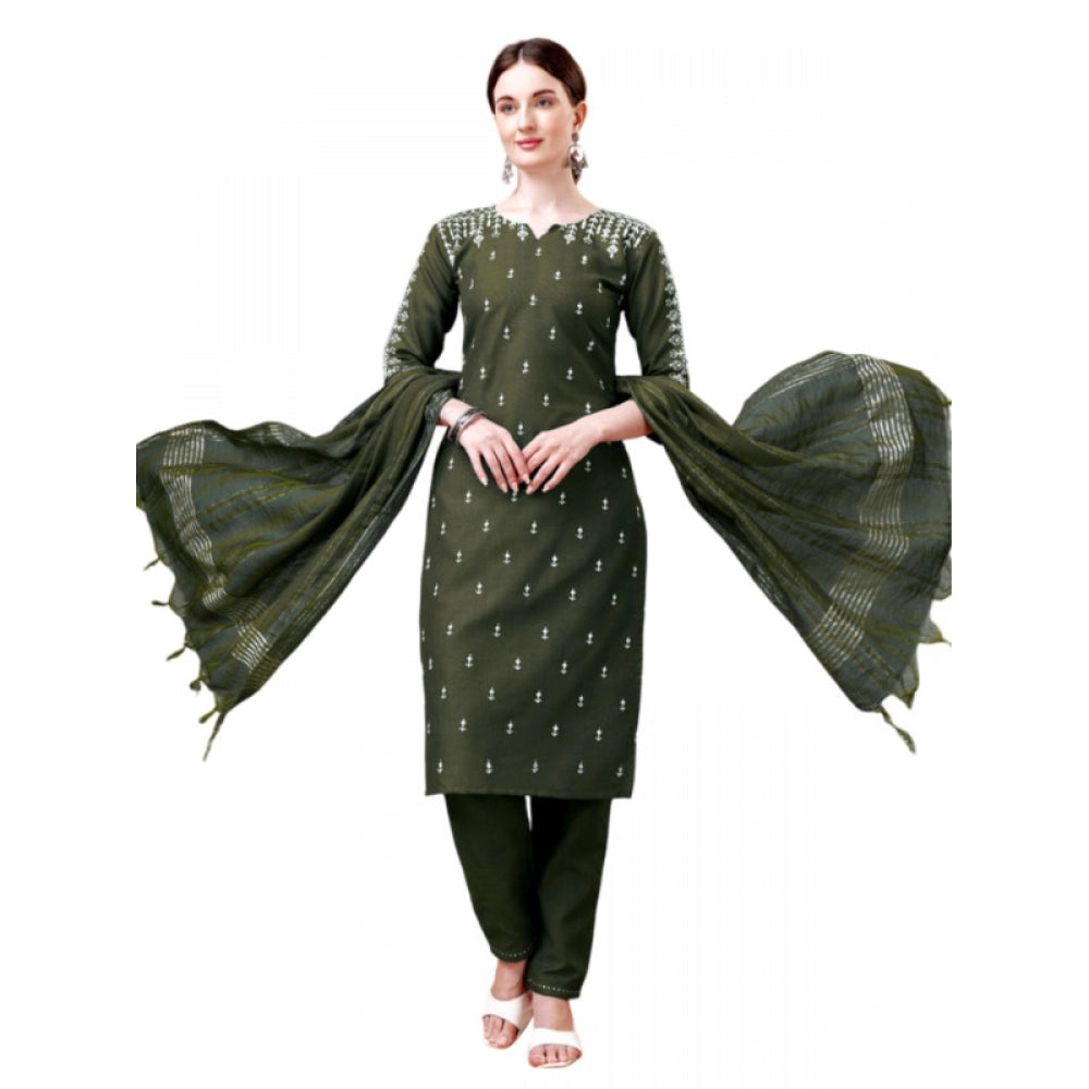 Generic Women's Casual 3-4 th Sleeve Embroidery Cotton Kurti Pant Dupatta Set (Dark Green) - Noble Nook