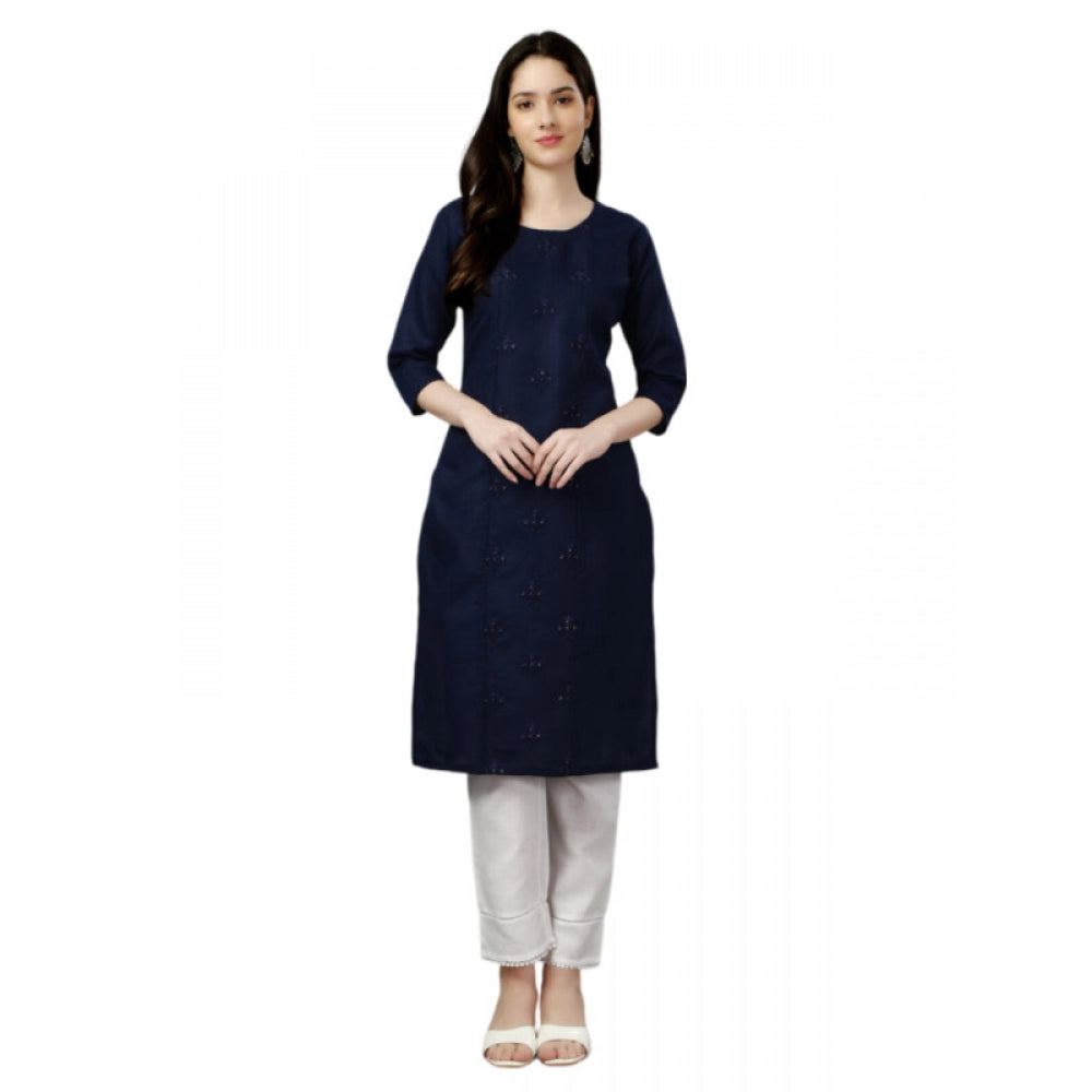 Generic Women's Casual 3-4 th Sleeve Embroidery Cotton Kurti (Dark Blue) - Noble Nook