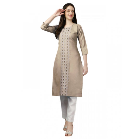 Generic Women's Casual 3-4 th Sleeve Embroidery Cotton Kurti (Beige) - Noble Nook