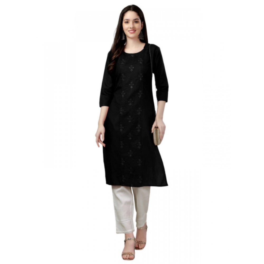 Generic Women's Casual 3-4 th Sleeve Embroidery Cotton Kurti (Black) - Noble Nook