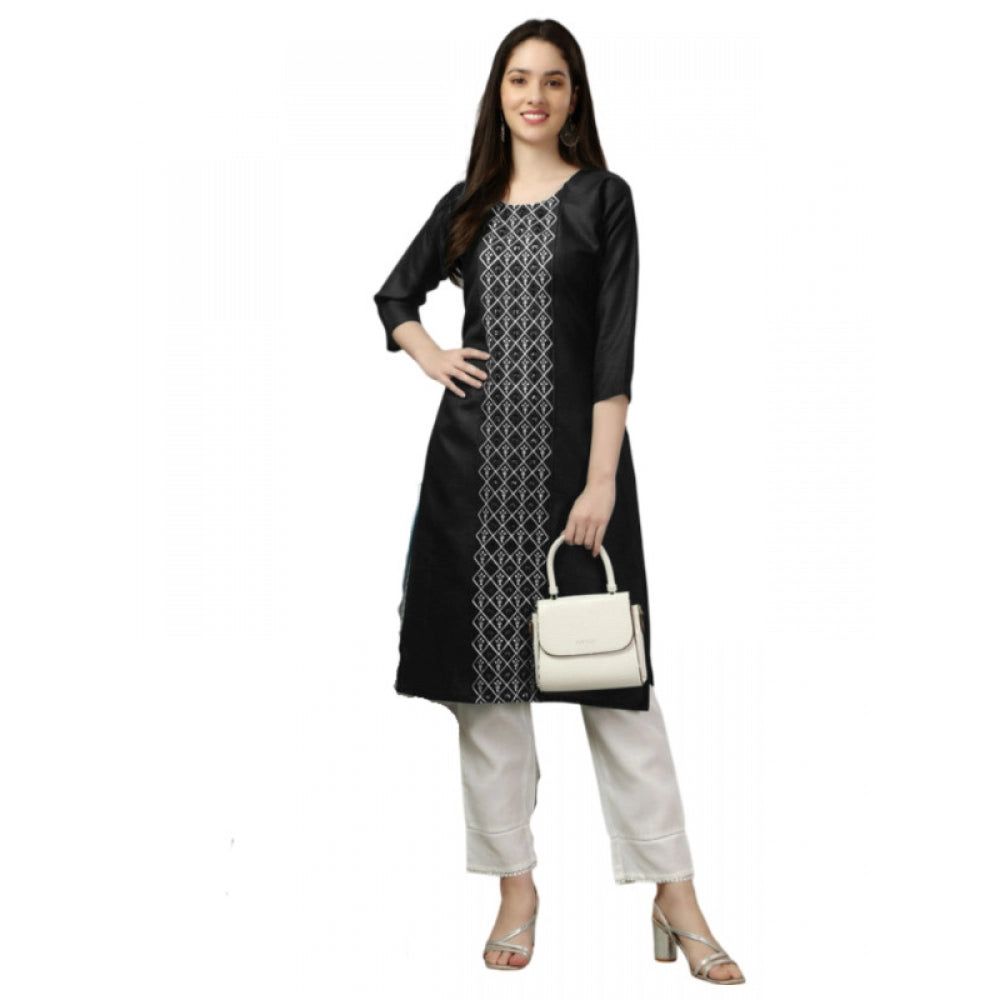 Generic Women's Casual 3-4 th Sleeve Embroidery Cotton Kurti (Black) - Noble Nook