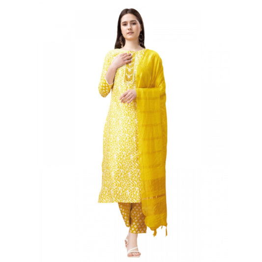 Generic Women's Casual 3-4 th Sleeve Embroidery Rayon Kurti Pant Dupatta Set (Yellow) - Noble Nook