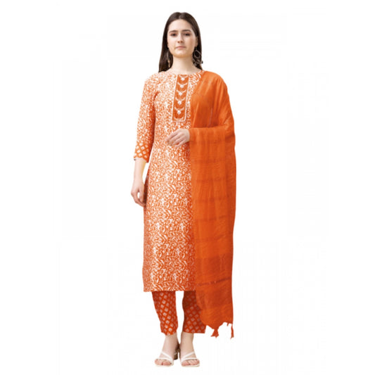 Generic Women's Casual 3-4 th Sleeve Embroidery Rayon Kurti Pant Dupatta Set (Orange) - Noble Nook