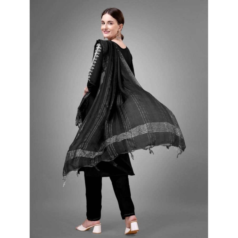 Generic Women's Casual 3-4 th Sleeve Embroidery Cotton Kurti Pant Dupatta Set (Black) - Noble Nook