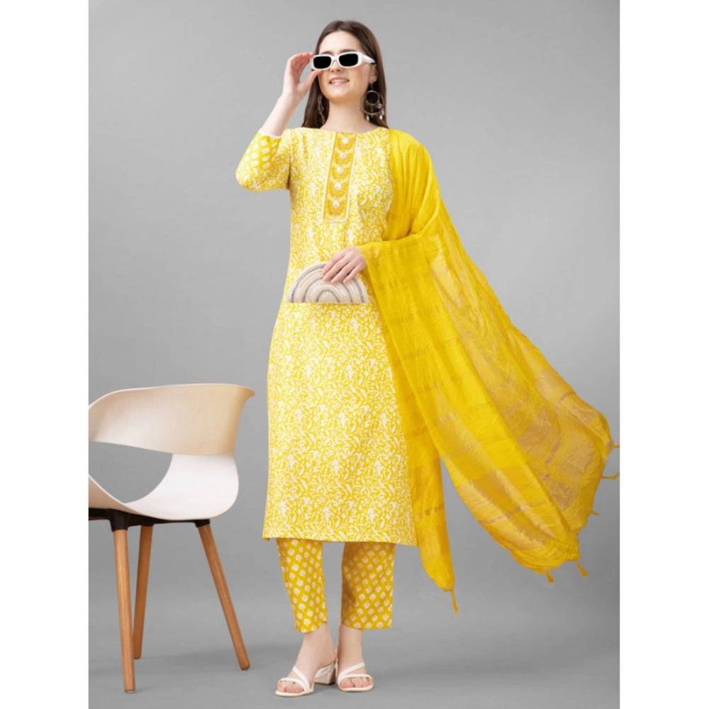 Generic Women's Casual 3-4 th Sleeve Embroidery Rayon Kurti Pant Dupatta Set (Yellow) - Noble Nook