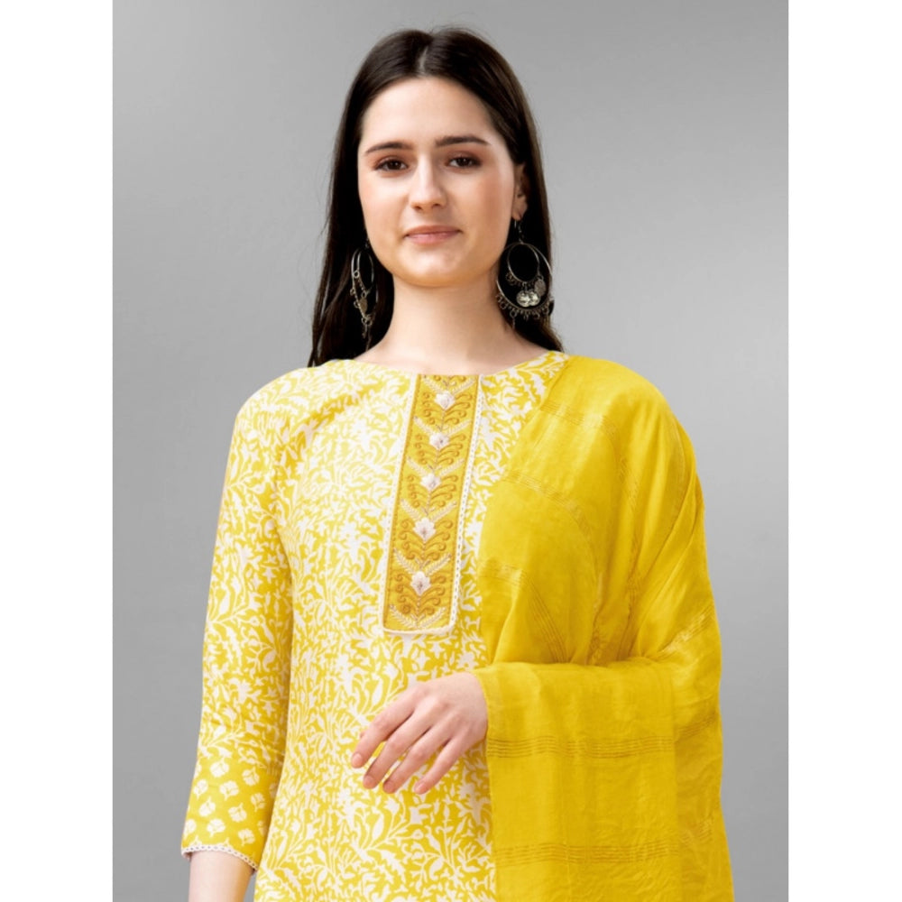 Generic Women's Casual 3-4 th Sleeve Embroidery Rayon Kurti Pant Dupatta Set (Yellow) - Noble Nook