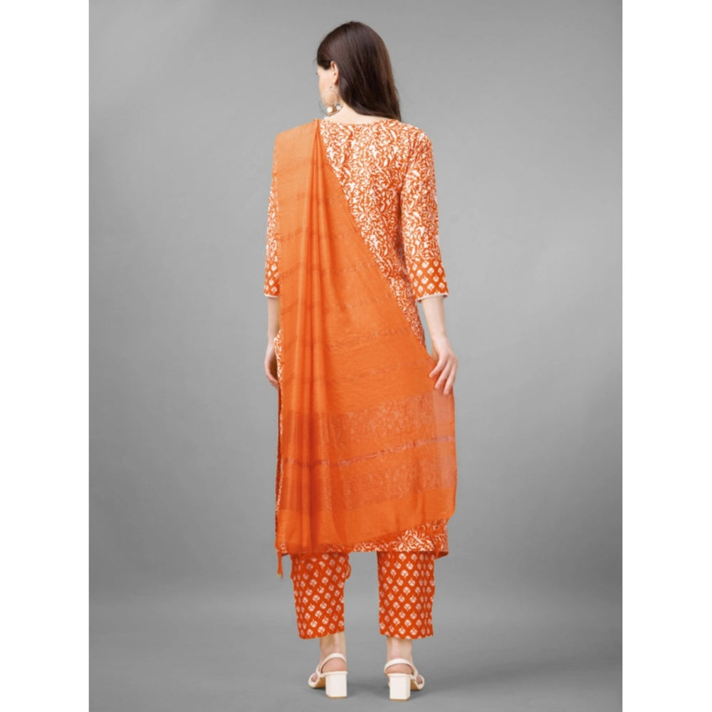 Generic Women's Casual 3-4 th Sleeve Embroidery Rayon Kurti Pant Dupatta Set (Orange) - Noble Nook