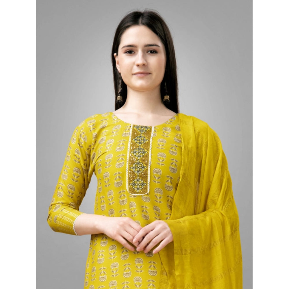 Generic Women's Casual 3-4 th Sleeve Embroidery Rayon Kurti Pant Dupatta Set (Yellow) - Noble Nook