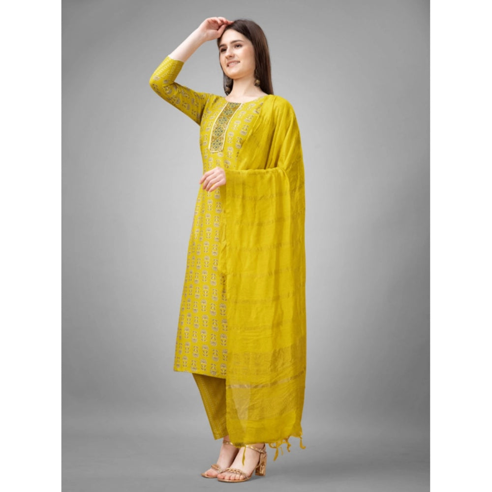 Generic Women's Casual 3-4 th Sleeve Embroidery Rayon Kurti Pant Dupatta Set (Yellow) - Noble Nook