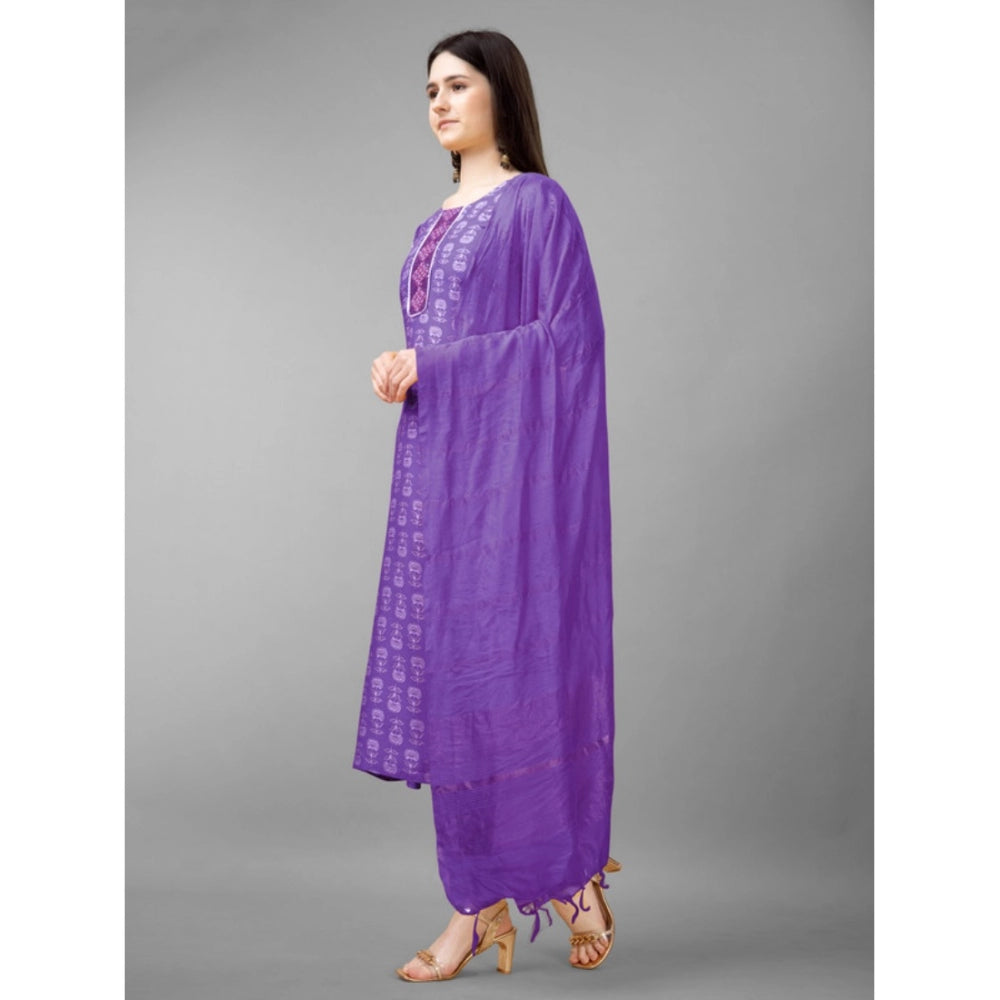 Generic Women's Casual 3-4 th Sleeve Embroidery Rayon Kurti Pant Dupatta Set (Purple) - Noble Nook