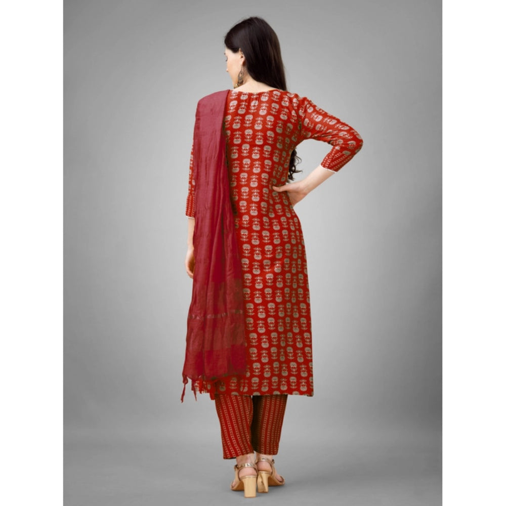 Generic Women's Casual 3-4 th Sleeve Embroidery Rayon Kurti Pant Dupatta Set (Maroon) - Noble Nook