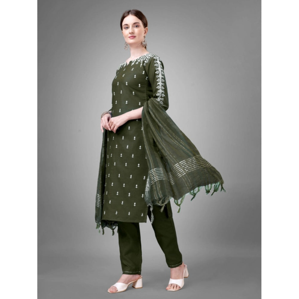 Generic Women's Casual 3-4 th Sleeve Embroidery Cotton Kurti Pant Dupatta Set (Dark Green) - Noble Nook