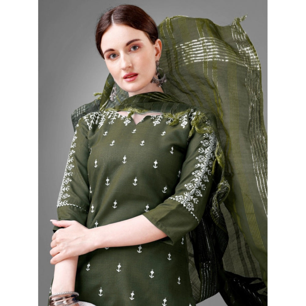 Generic Women's Casual 3-4 th Sleeve Embroidery Cotton Kurti Pant Dupatta Set (Dark Green) - Noble Nook