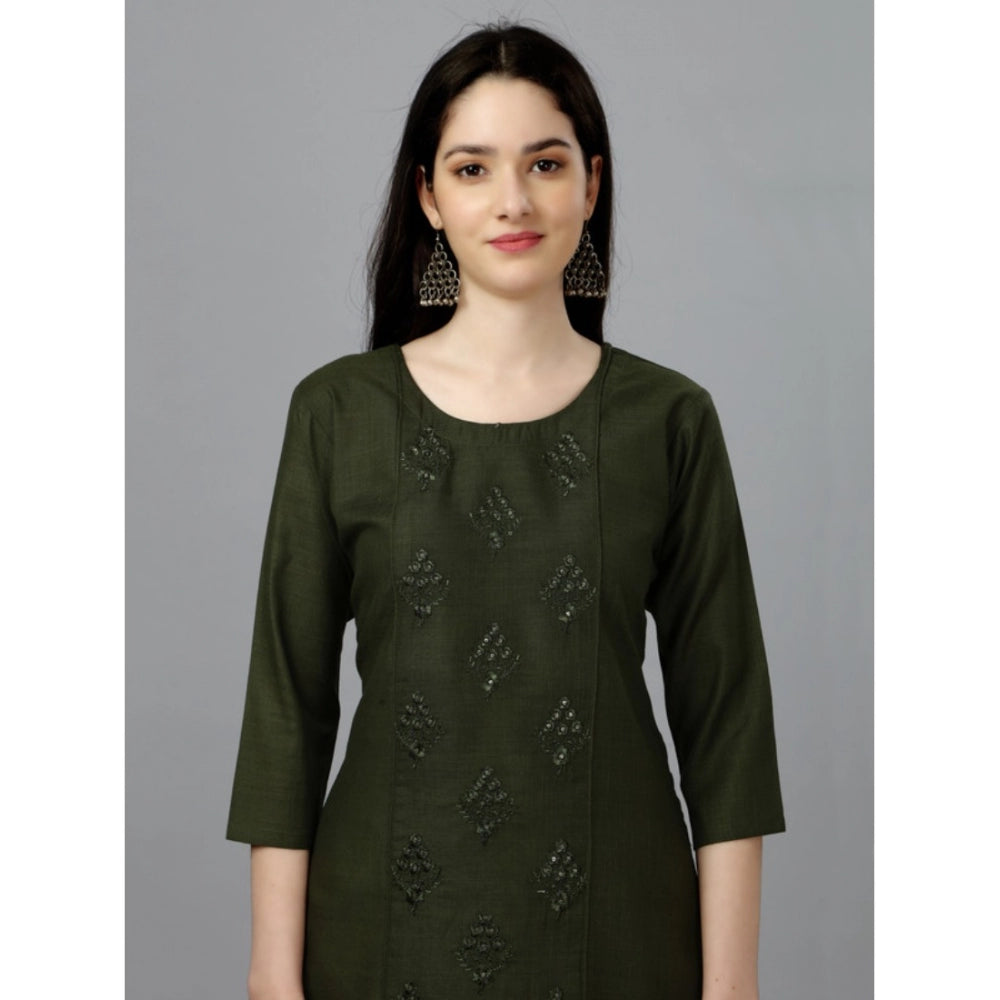 Generic Women's Casual 3-4 th Sleeve Embroidery Cotton Kurti (Dark Green) - Noble Nook