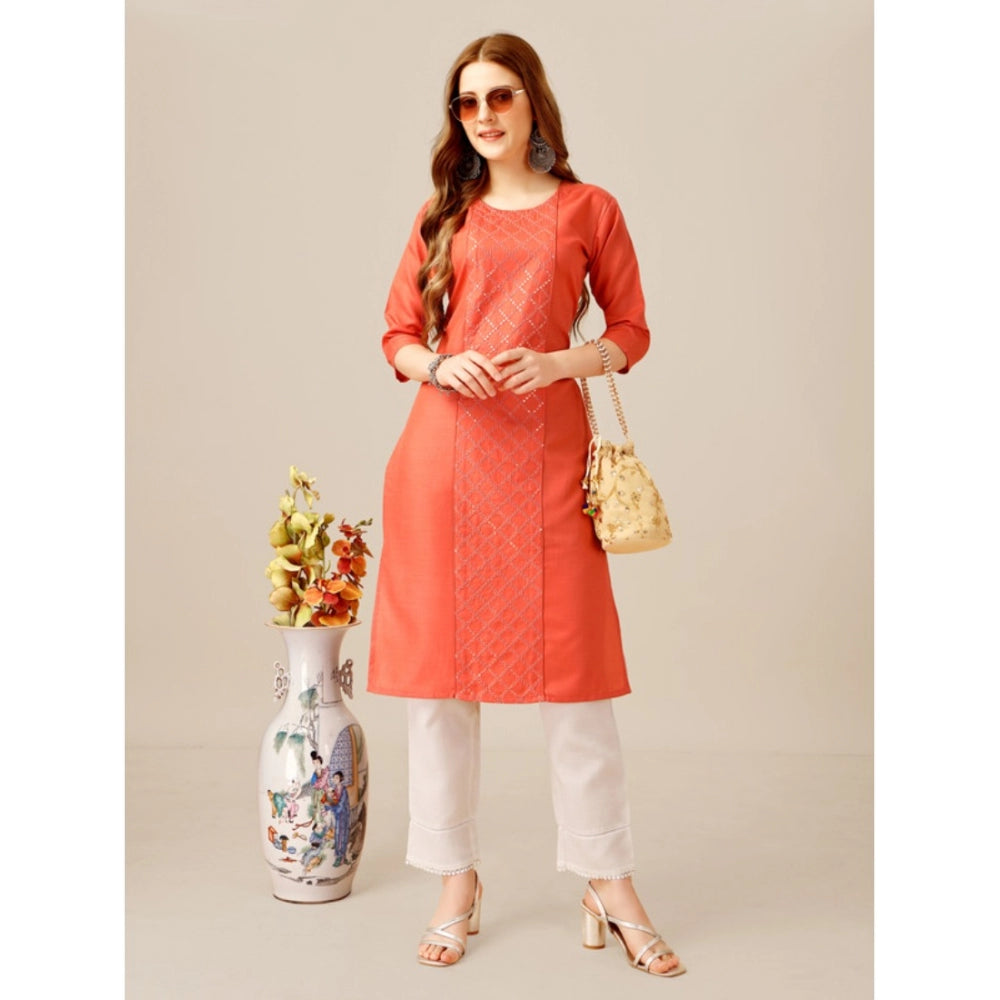 Generic Women's Casual 3-4 th Sleeve Embroidery Cotton Kurti Pant Set (Orange) - Noble Nook